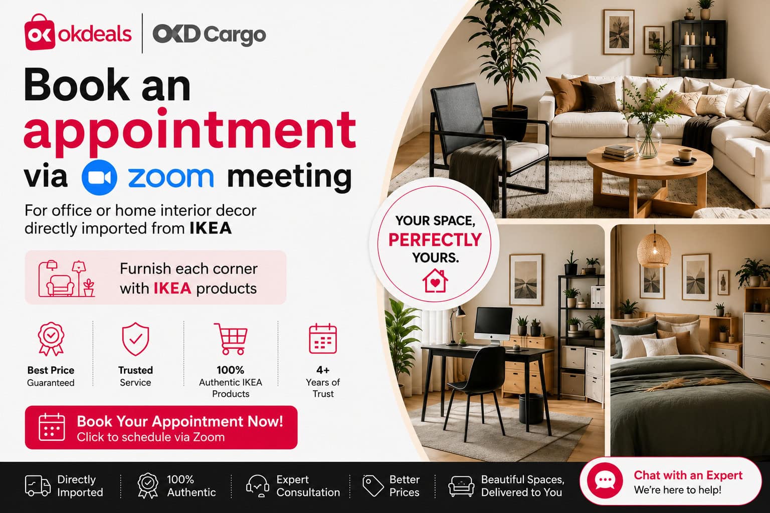 Okdeals Zoom interior consultation banner with authentic IKEA furniture for home and office decor in Bangladesh